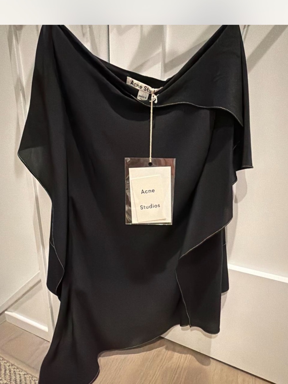 NWT Acne Black Asymmetric Draped Silk-Effect Dress